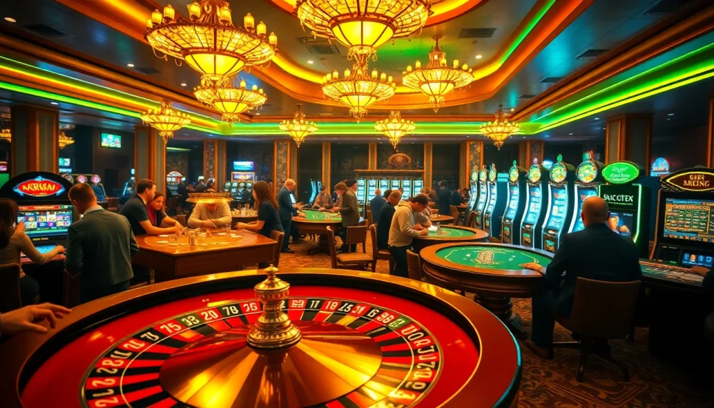 Players at a casino engaging with roulette and poker while attending a review nhà cái display showing top betting platforms.