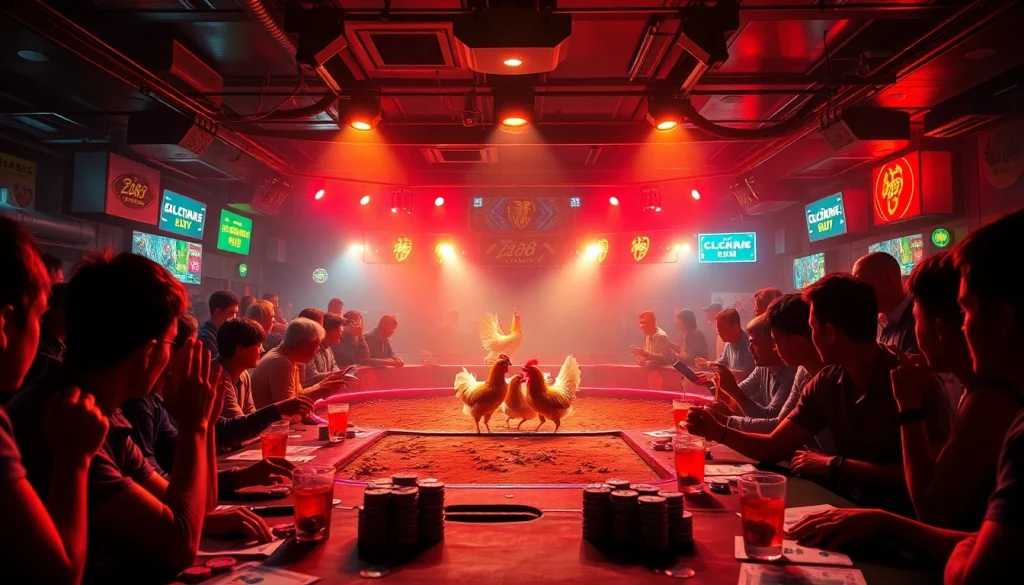 Experience the thrill of bj88 đá gà cockfighting, capturing the energy of bettors in an exciting underground arena.