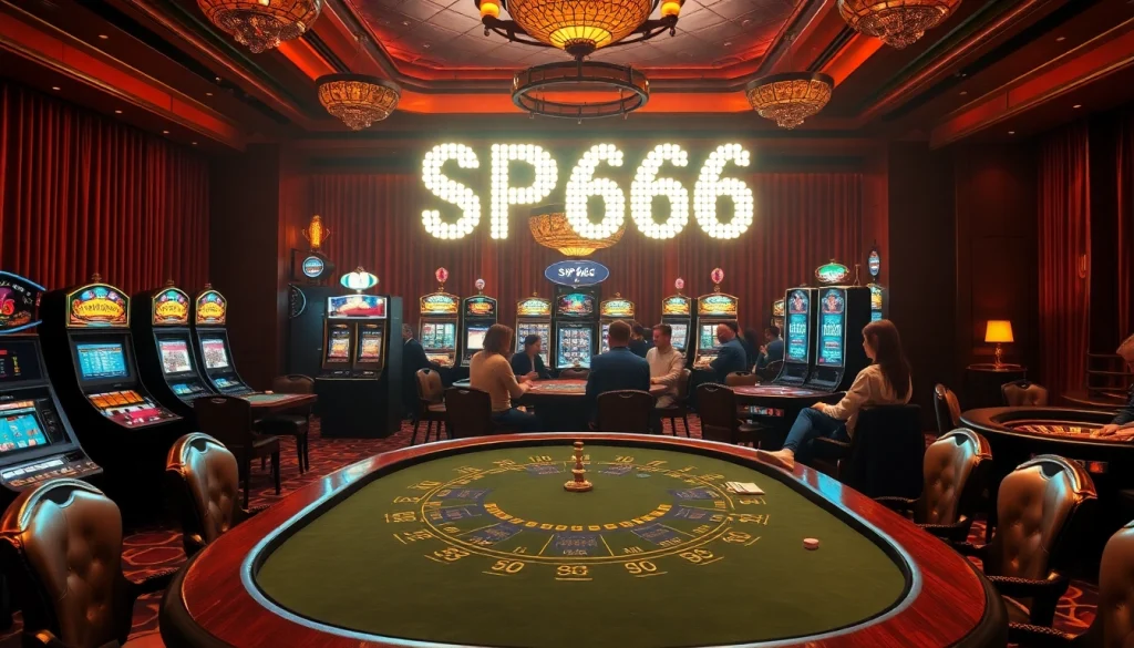 SP666 illuminated in a bustling casino with players at card tables, capturing high-stakes action and excitement.