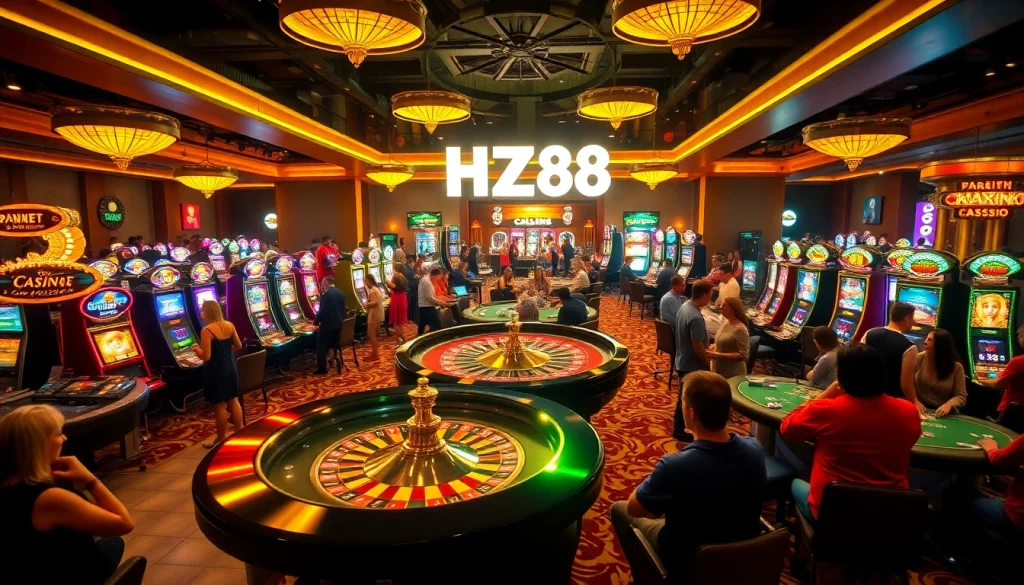 Players enjoying vibrant casino games with HZ88 online features illuminating the atmosphere.