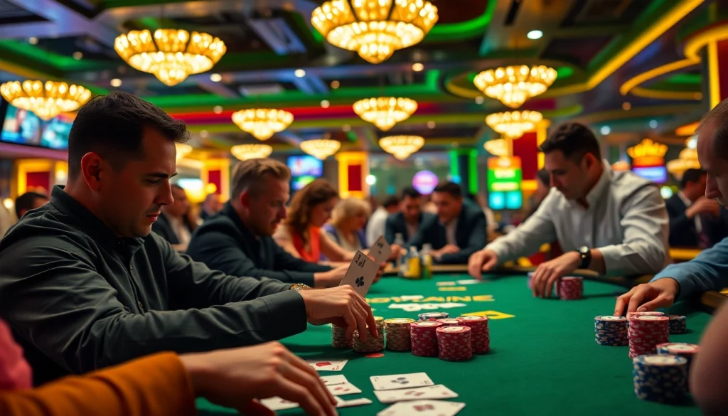 Nohu90 branded poker cards on a thrilling casino table surrounded by eager players.