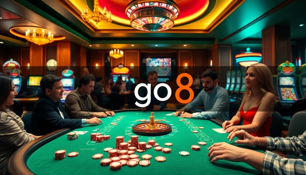 Experience gaming excitement at go8 with players at a vibrant poker table.